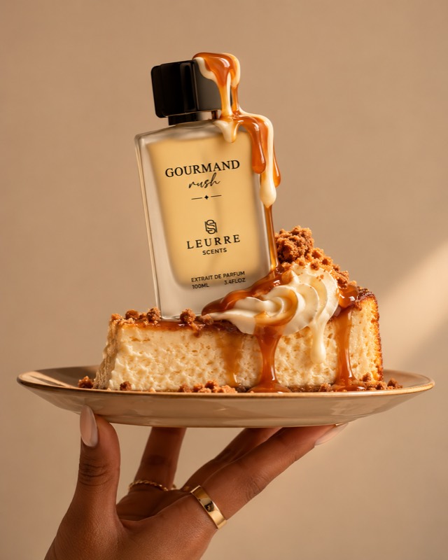 A hand holding a plate of caramel cheesecake with the Gourmand Rush bottle on top