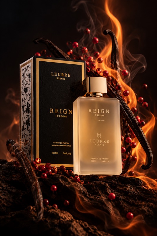 Reign bottle and box among vanilla pods and red peppercorns with flames behind